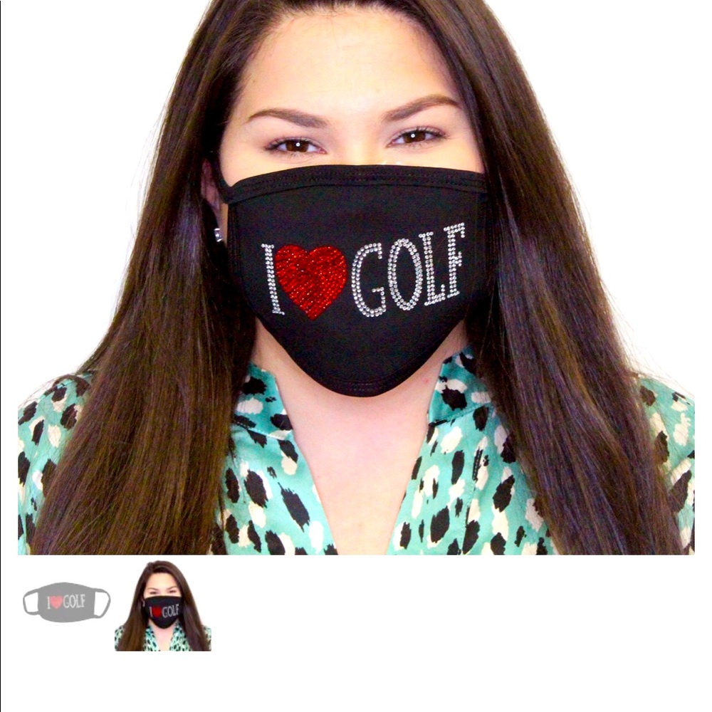"SOLD OUT"...   Rhinestone,  I ❤️ GOLF.  Black Mask